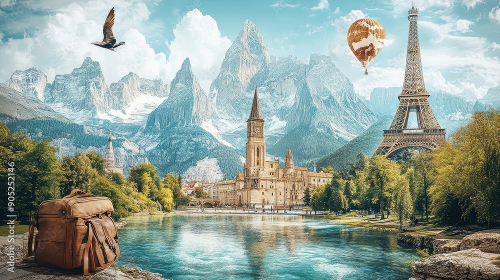 Fototapeta premium Backpack near lake with mountains and famous monuments in background for travel and tourism concept