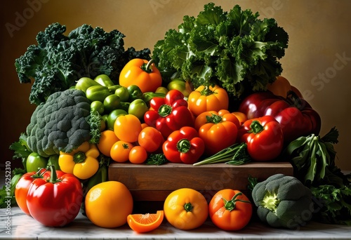 vibrant display fresh seasonal produce polished marble countertop showcasing colorful fruits vegetables, healthy, food, organic, selection, market, variety © Yaroslava