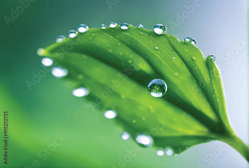 Large beautiful drops of transparent rain water on a green leaf macro. Drops of dew in the morning glow in the sun. Beautiful leaf texture in nature. Natural background