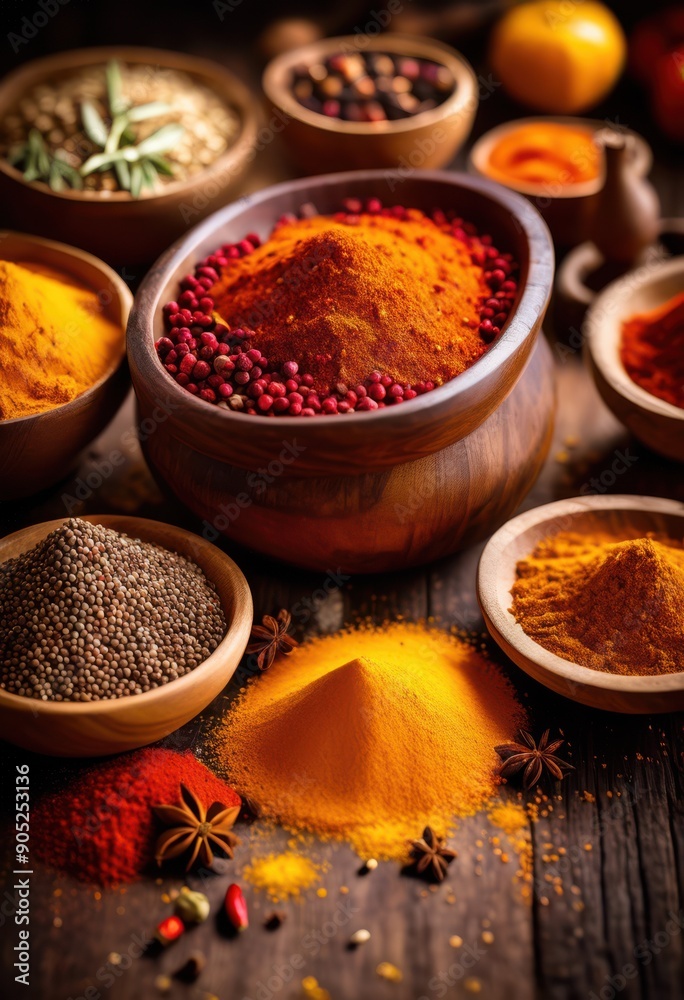 vibrant spices displayed rustic wooden chopping board rich colors textures, herbs, seasoning, culinary, flavor, natural, organic, aroma, freshness, kitchen vibrant spices displayed rustic wooden chopping board rich colors textures, herbs, seasoning, culinary, flavor, natural, organic, aroma, freshness, kitchen