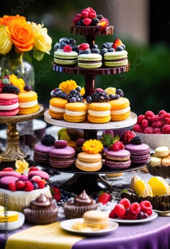 stunning display vibrant exquisite dessert treats featuring colorful sweet delights perfect any celebration, cake, pastry, cream, chocolate, icing photo