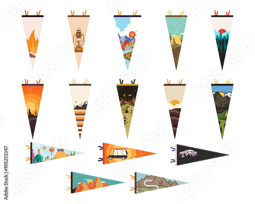 Camping adventure pennant flags design set. Outdoor hiking graphics collection. Mountains pendant artwork. Stock vector illustration.