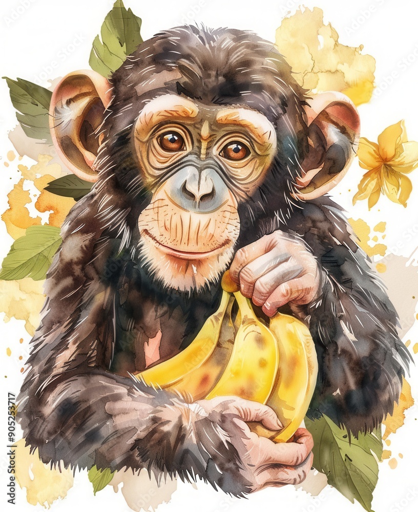 Cute cartoon character monkey and banana fruit Cute cartoon character monkey and banana fruit