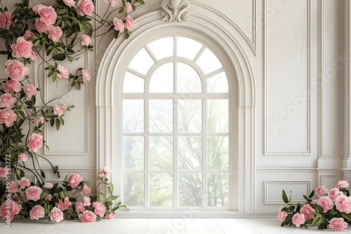 Fototapeta Naklejka Na Ścianę i Meble -  Digital backdrop, white arched window, peonies and roses. Wedding photography, chateau.