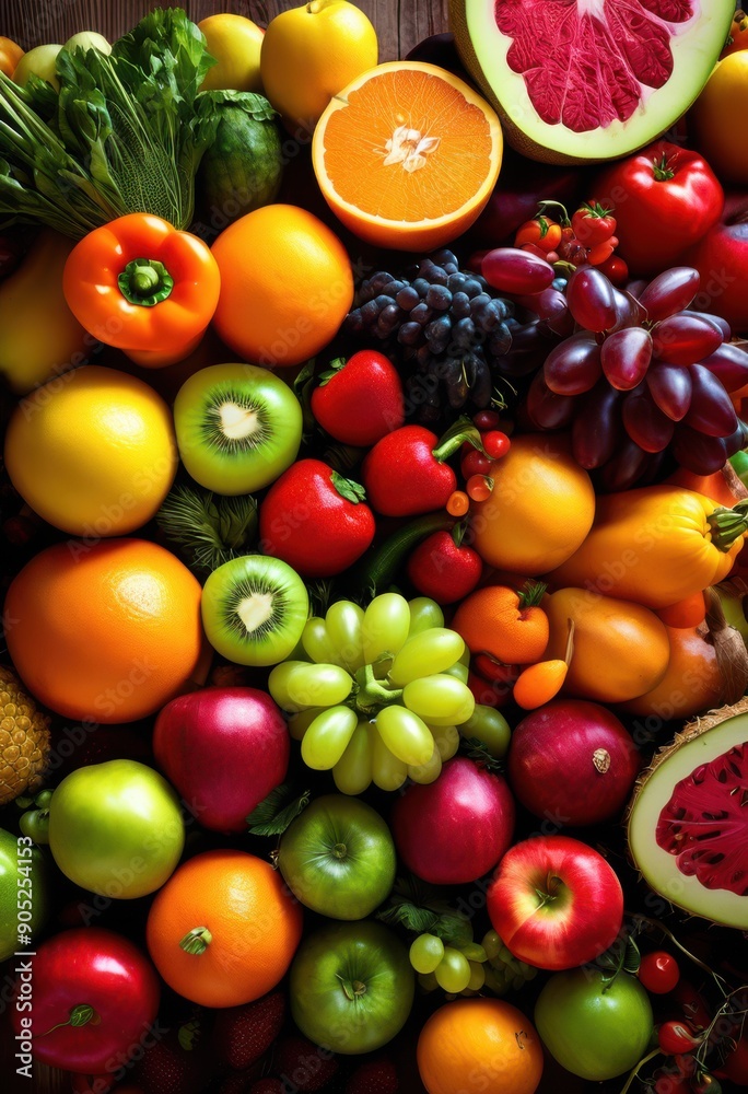 vibrant display colorful fresh fruits vegetables featuring rich array textures hues bountiful arrangement, assortment, produce, market, organic, harvest vibrant display colorful fresh fruits vegetables featuring rich array textures hues bountiful arrangement, assortment, produce, market, organic, harvest