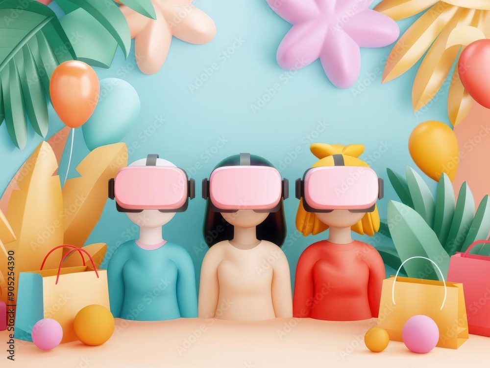 Obraz premium Virtual reality retail, immersive shopping environments, 3D illustration, futuristic marketing concept