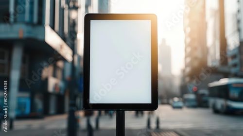 An empty digital display in a bustling city square, with sunlight filtering through, waiting for dynamic advertisements to captivate passersby, city center, banner, with copy space