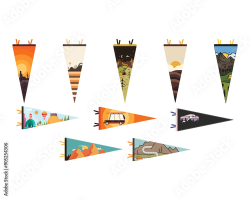 Camping adventure pennant flags design set. Outdoor hiking graphics collection. Mountains pendant artwork. Stock vector illustration stickers.