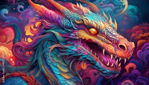 Psychadelic theme Dragon. Chinese New Year symbol. Spirit Animal Totem