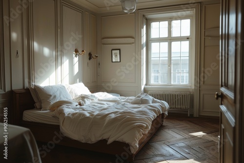 A well-lit bedroom with white bedding and a wooden floor © happy_finch