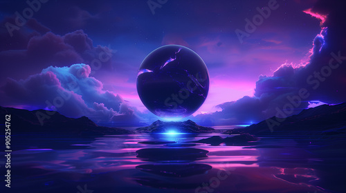 serene and surreal scene with a dreamy night sky as the backdrop. deep blues, purples