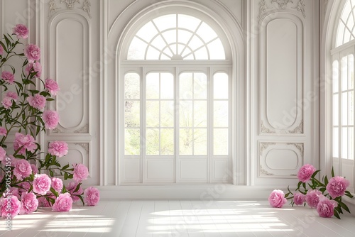 Digital backdrop, white arched window, peonies and roses. Wedding photography, chateau.