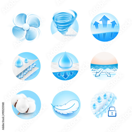 Properties of materials for diapers, pants, pads, mats.  Vector illustration isolated on white background. Ready for your design. EPS10.