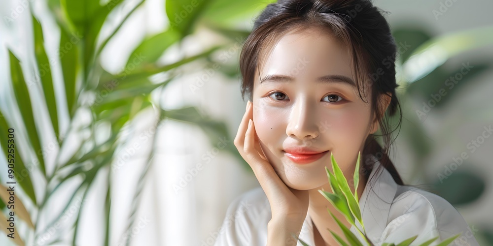 Closeup Portrait of a Smiling Young Woman with Green Leaves Closeup Portrait of a Smiling Young Woman with Green Leaves