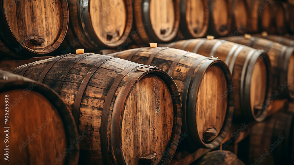 Wooden Old Stacked whisky barrel stack in a warehouse vintage style. Wooden Old Stacked whisky barrel stack in a warehouse vintage style.