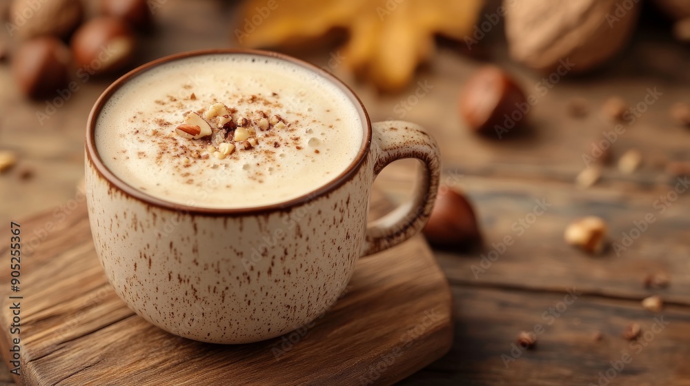 A creamy hazelnut latte in a ceramic mug, with a light brown background that complements the nutty flavor A creamy hazelnut latte in a ceramic mug, with a light brown background that complements the nutty flavor