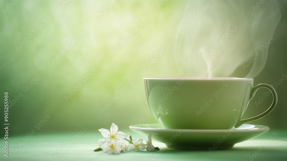 A steaming cup of jasmine green tea in a porcelain cup, with a soft green background to match the tea A steaming cup of jasmine green tea in a porcelain cup, with a soft green background to match the tea