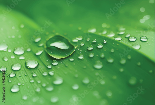 Large beautiful drops of transparent rain water on a green leaf macro. Drops of dew in the morning glow in the sun. Beautiful leaf texture in nature. Natural background