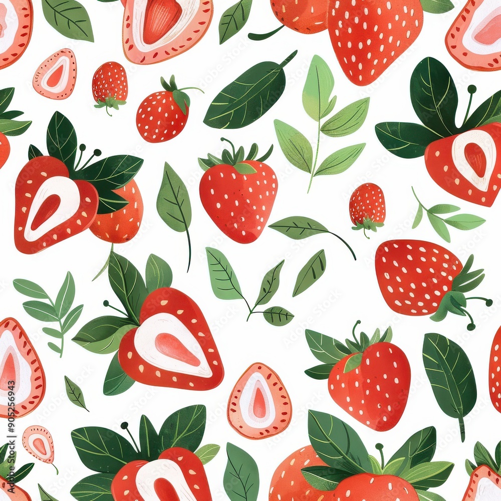 A pattern in which cute illustrations of strawberries, sliced strawberries, and leaves are repeated against a white background A pattern in which cute illustrations of strawberries, sliced strawberries, and leaves are repeated against a white background