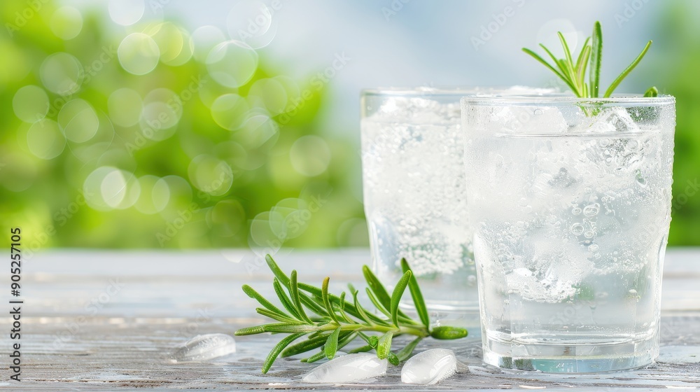Two glasses of water with ice cubes and a sprig of rosemary on the table Two glasses of water with ice cubes and a sprig of rosemary on the table