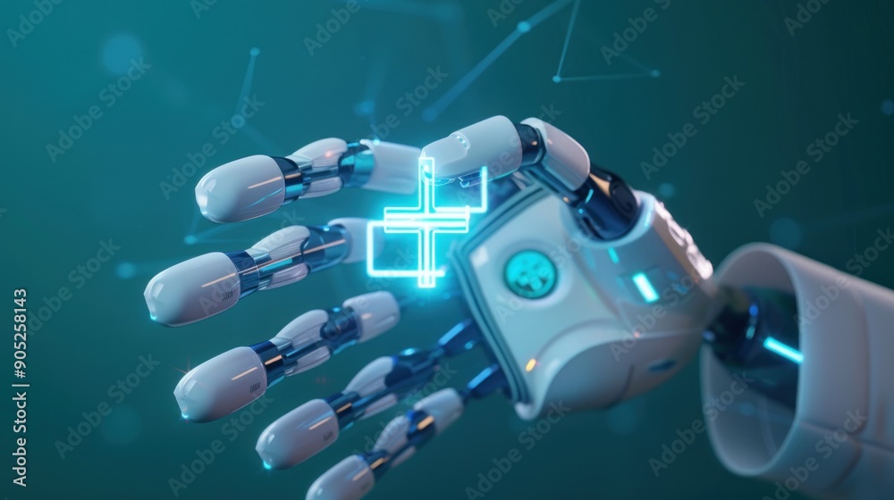 Robotic Hand Interacting with a Medical Plus Symbol Robotic Hand Interacting with a Medical Plus Symbol