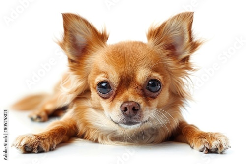 Small brown long haired chihuahua dog relaxing on white background