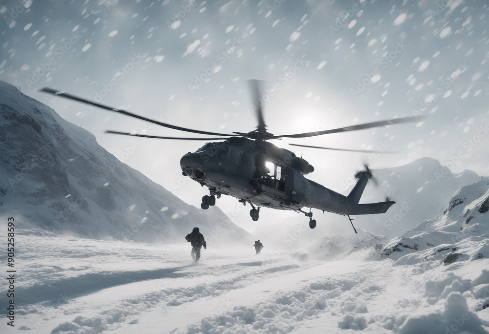 Naklejka premium A military helicopter flying low over a snowy mountain pass during a snowstorm, with heavy snowflake 