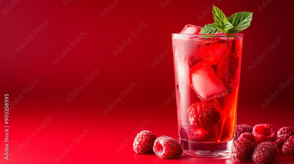 A refreshing raspberry iced tea in a clear glass, with a vibrant raspberry red background to enhance the drink A refreshing raspberry iced tea in a clear glass, with a vibrant raspberry red background to enhance the drink