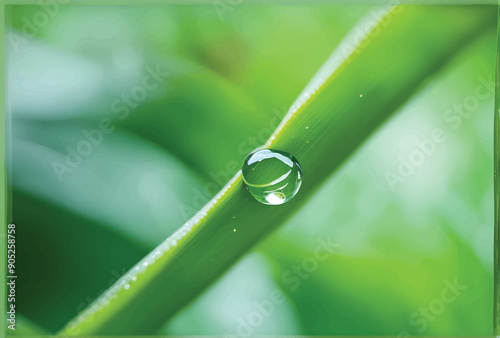Large beautiful drops of transparent rain water on a green leaf macro. Drops of dew in the morning glow in the sun. Beautiful leaf texture in nature. Natural background