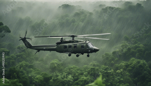 A military helicopter landing in a clearing in the Vietnamese jungle during a humid afternoon, with soldiers quickly jumping out and securing the perimeter.
 photo