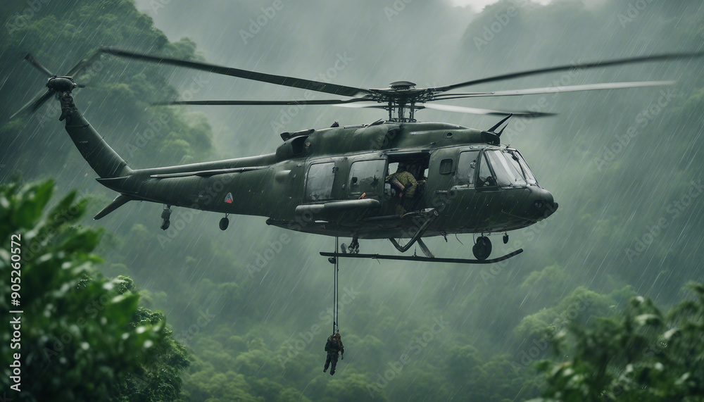 A military helicopter landing in a clearing in the Vietnamese jungle during a humid afternoon, with soldiers quickly jumping out and securing the perimeter.
A military helicopter landing in a clearing in the Vietnamese jungle during a humid afternoon, with soldiers quickly jumping out and securing the perimeter.