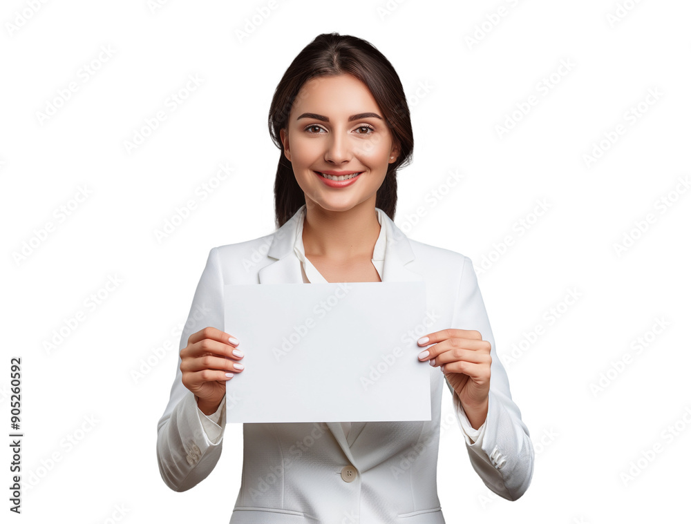 isolated smiling woman holding empty paper in her hands, young woman showing blank paper to camera