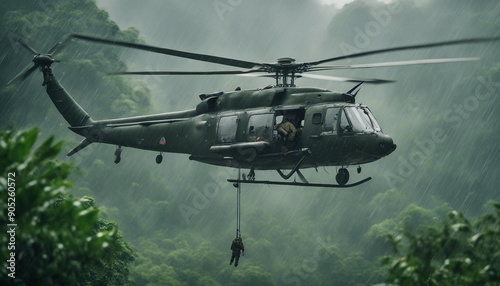 A military helicopter landing in a clearing in the Vietnamese jungle during a humid afternoon, with soldiers quickly jumping out and securing the perimeter.
 photo