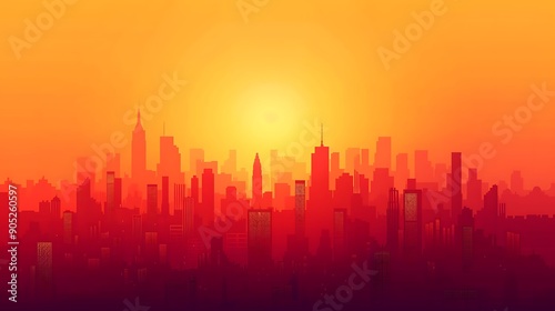 City Skyline Silhouette at Sunset with Orange and Red Gradients © Maule
