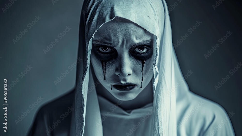 Haunting Ghostly Nun with Black Teardrops Halloween Scene Haunting Ghostly Nun with Black Teardrops Halloween Scene