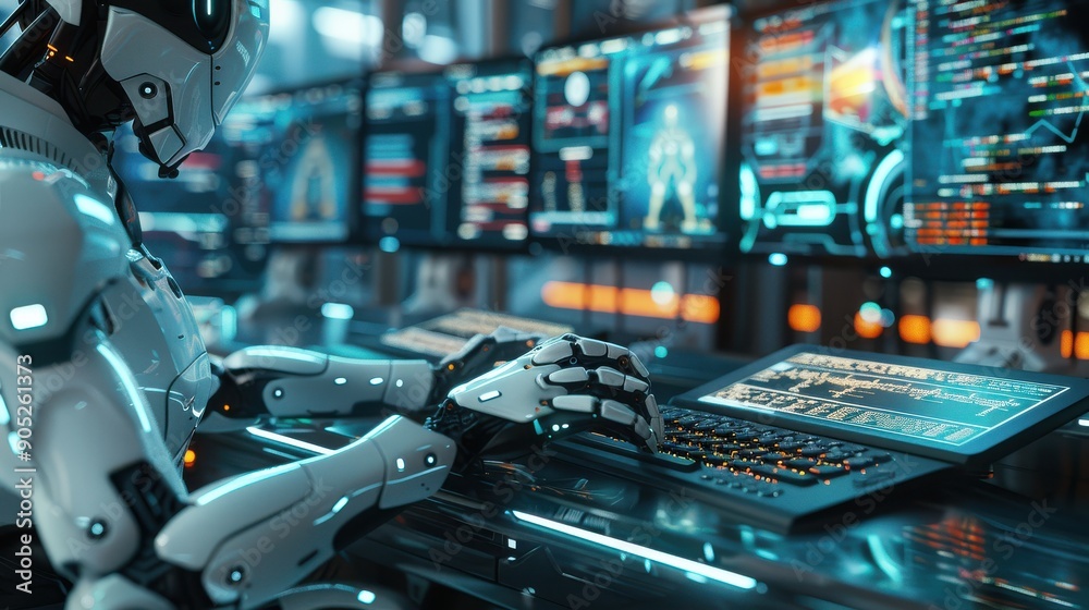 Fototapeta premium Create a photorealistic close-up image of an AI robot coding at a workstation.