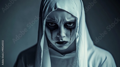 Haunting Ghostly Nun with Black Teardrops Halloween Scene