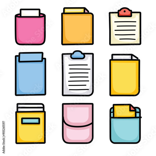 Collection colorful cartoonstyle file folders clipboards illustrating document organization. Bright primary secondary colors make folders clipboards stand out. Artwork suitable office, organization