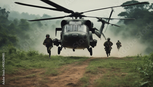 A military helicopter landing in a clearing in the Vietnamese jungle during a humid afternoon, with soldiers quickly jumping out and securing the perimeter.
 photo