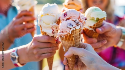 Many hands of friends holding tasty ice cream in a gothering photo