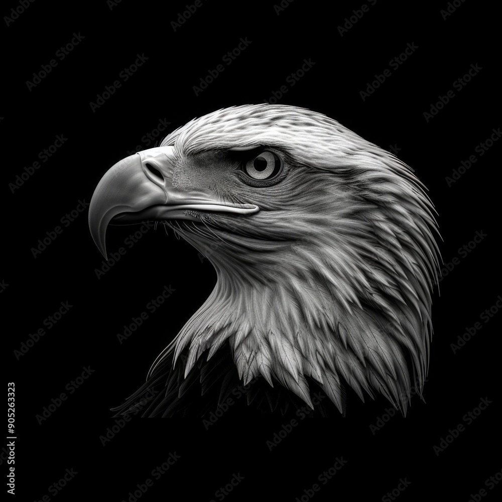 Majestic Golden Eagle Head in Monochrome with Black and White Colors on a Black Background, Symbolizing Aerial Power and Predatory Grace Majestic Golden Eagle Head in Monochrome with Black and White Colors on a Black Background, Symbolizing Aerial Power and Predatory Grace