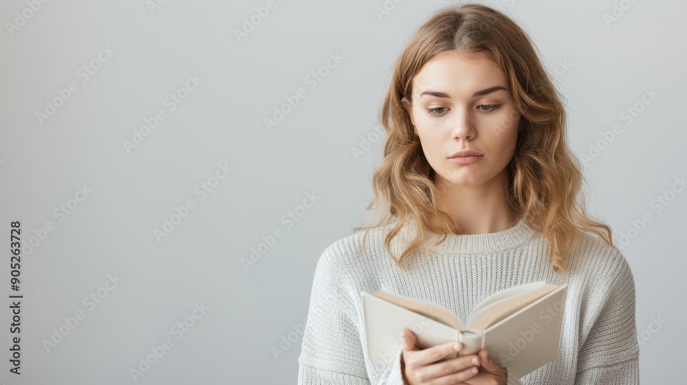 A woman is reading a book while looking at the camera A woman is reading a book while looking at the camera