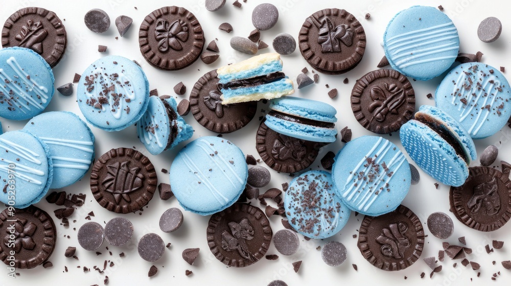 close-up view of a delightful assortment of cyan macarons, chocolate cookies, and chocolate chips scattered across a white surface. close-up view of a delightful assortment of cyan macarons, chocolate cookies, and chocolate chips scattered across a white surface.