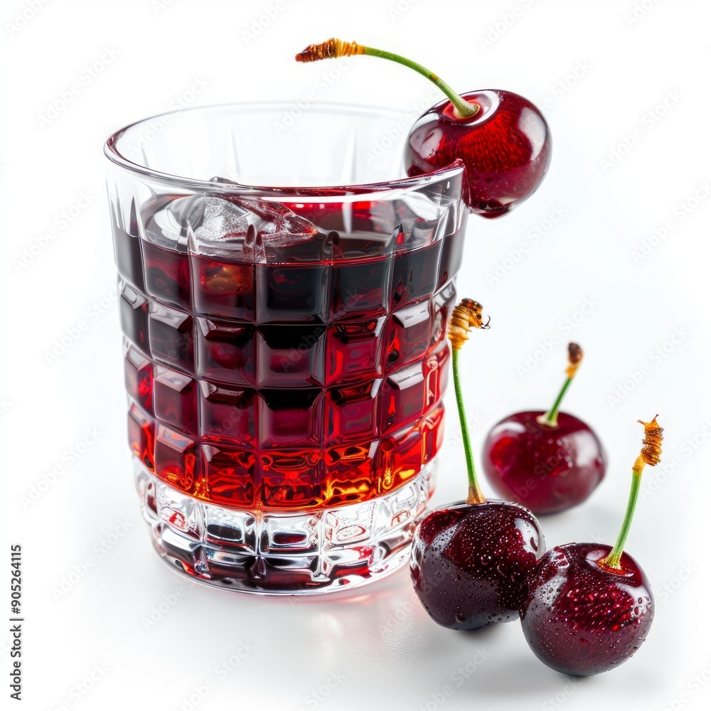 Medium shot of Glass of cherry juice near the cherry, isolated on a white background