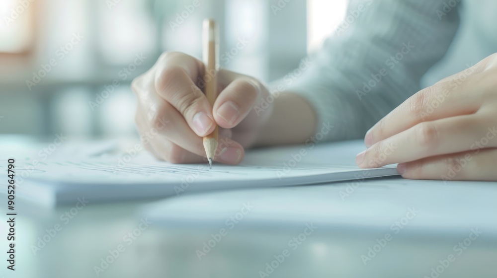 A person is writing with a pencil on a piece of paper A person is writing with a pencil on a piece of paper