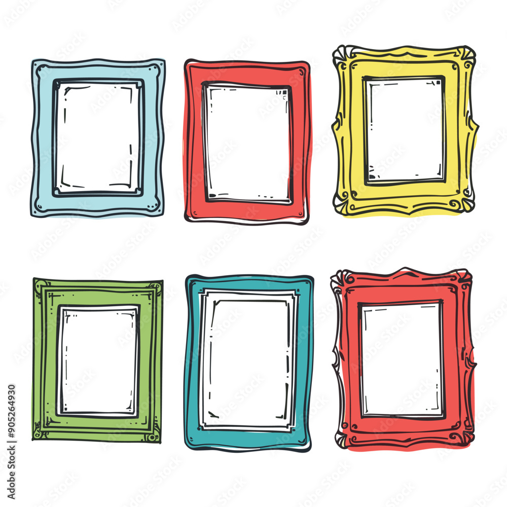 Set six colorful handdrawn picture frames. Doodle style gallery wall frames isolated white background. Various shapes colors, empty artworks photos