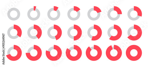 0 to 100 Infographic divided circles set in red and grey color in thin and thick circles new style with 5, 10, 15, 20, 50, 70, 90, 100 percent for business data and analysis presentation.
