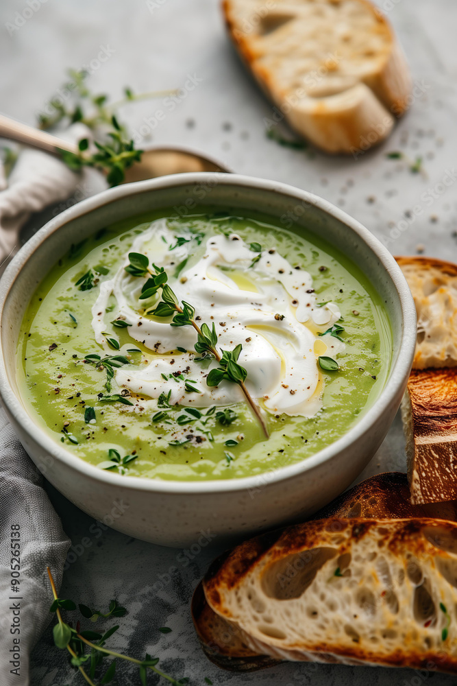 bowl of creamy green vegetables soup with white cream and herbs, accompanied by slices of grilled baguette bread on the side bowl of creamy green vegetables soup with white cream and herbs, accompanied by slices of grilled baguette bread on the side