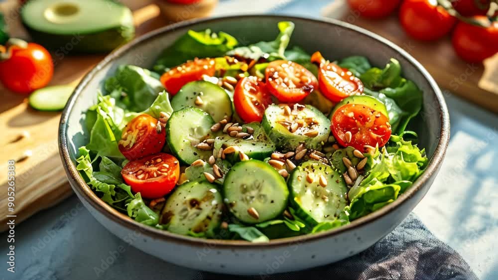 Fresh salad with cherry tomatoes, cucumber slices, sunflower seeds, and mixed greens, dressed with balsamic vinaigrette Fresh salad with cherry tomatoes, cucumber slices, sunflower seeds, and mixed greens, dressed with balsamic vinaigrette