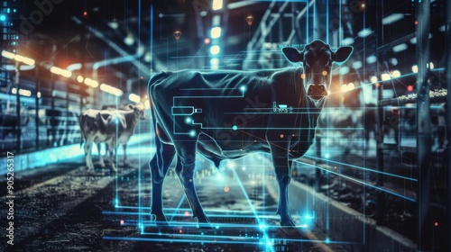 digital holographic cow  holographic strings,Innovative cow monitoring technology integrated into a modern automated animal farm for improved dairy production efficiency and sustainability